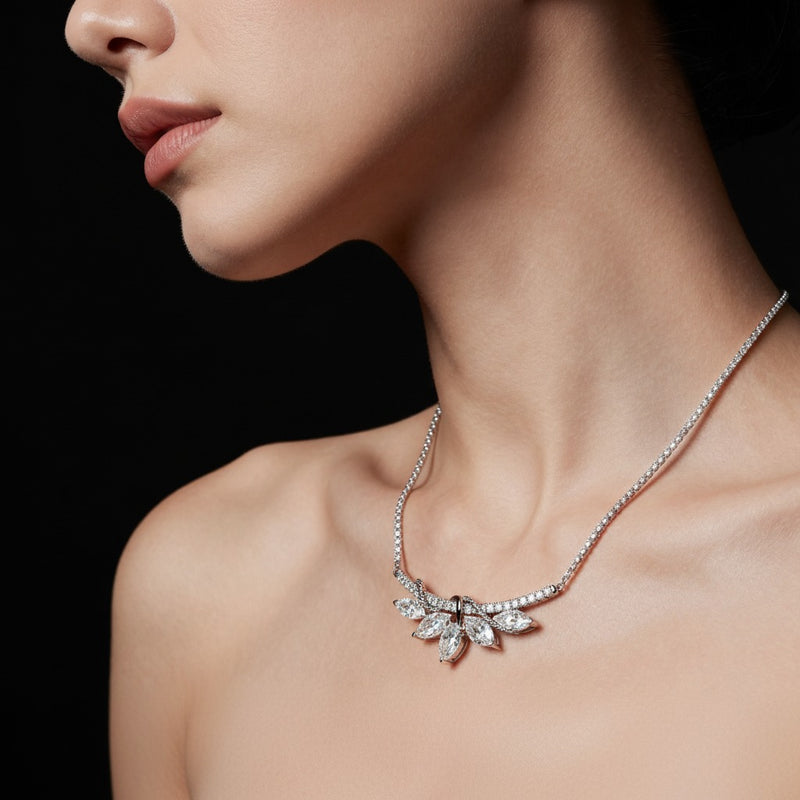 Model wearing pear necklace