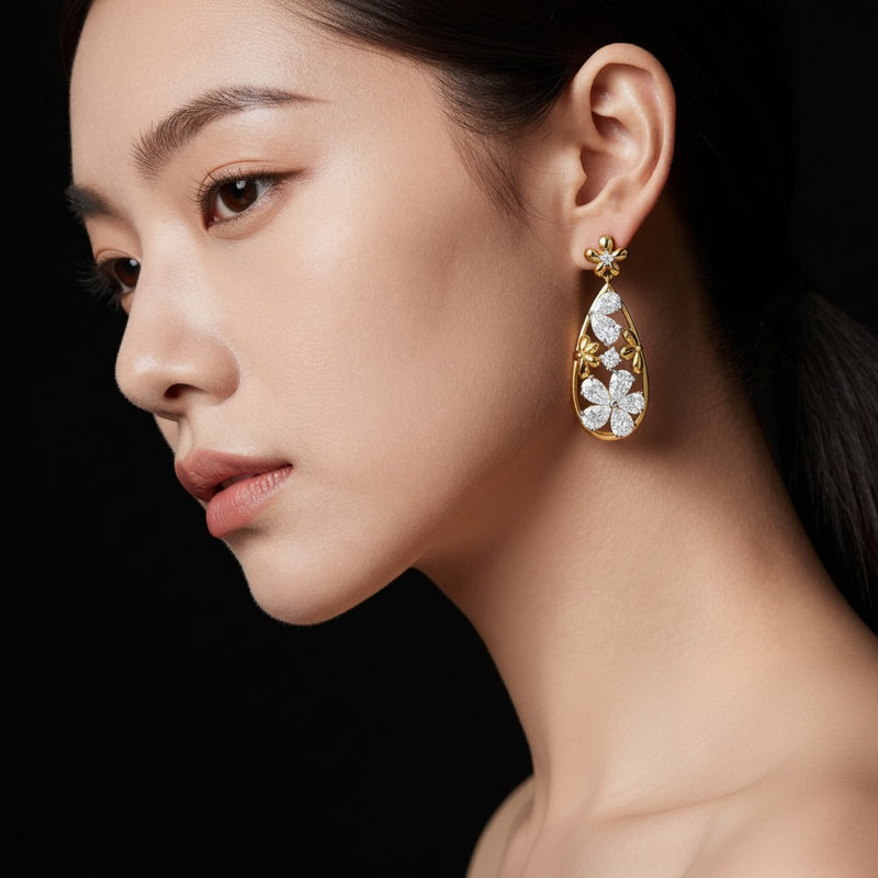 Model wearing pear fancy flower earrings