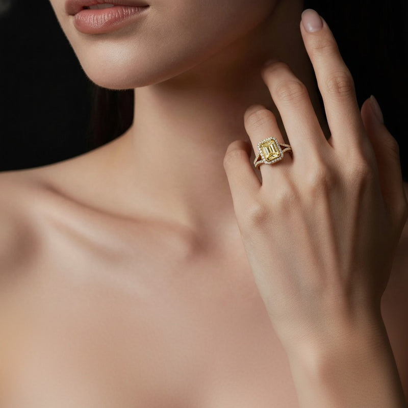 Model wearing radiant split shank halo engagement ring
