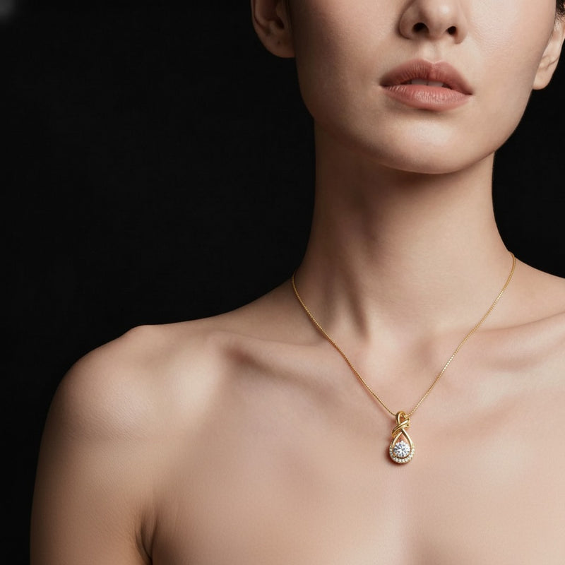 Model wearing round solitaire pendant
