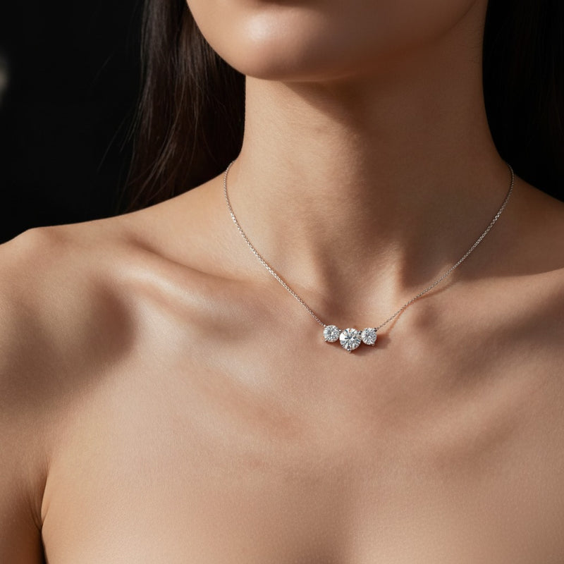 Model wearing round three stone necklace