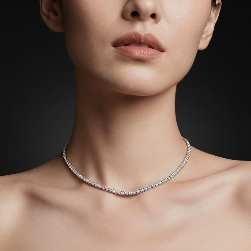 Model wearing round seven stone necklace