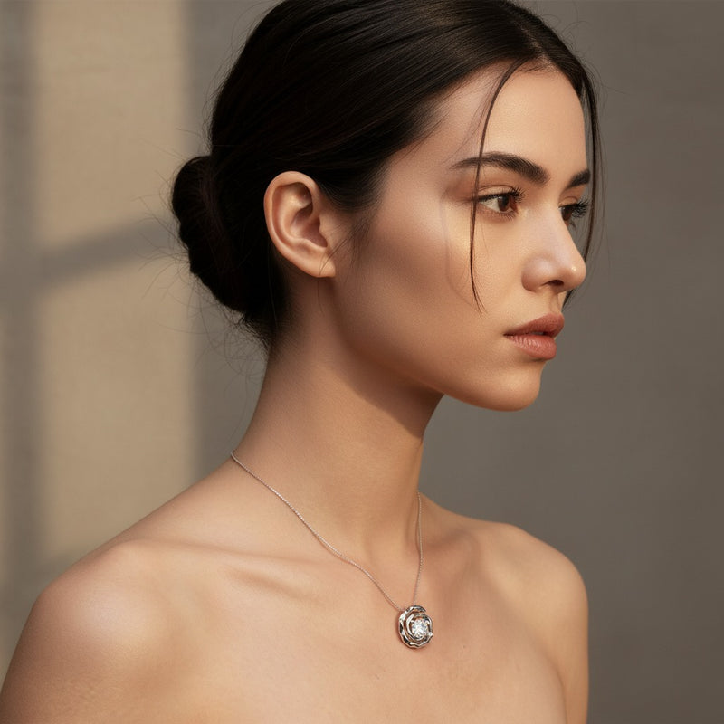 Model wearing round organic design solitaire pendant