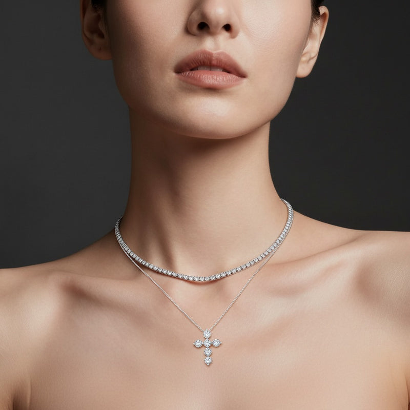 Model wearing round cross pendant