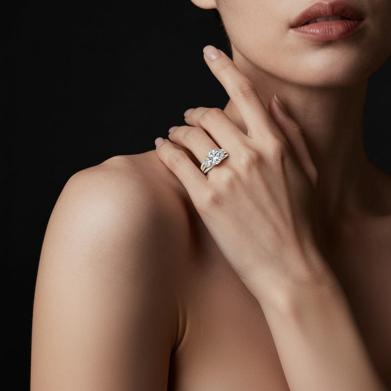 Model wearing round tri color solitaire engagement ring