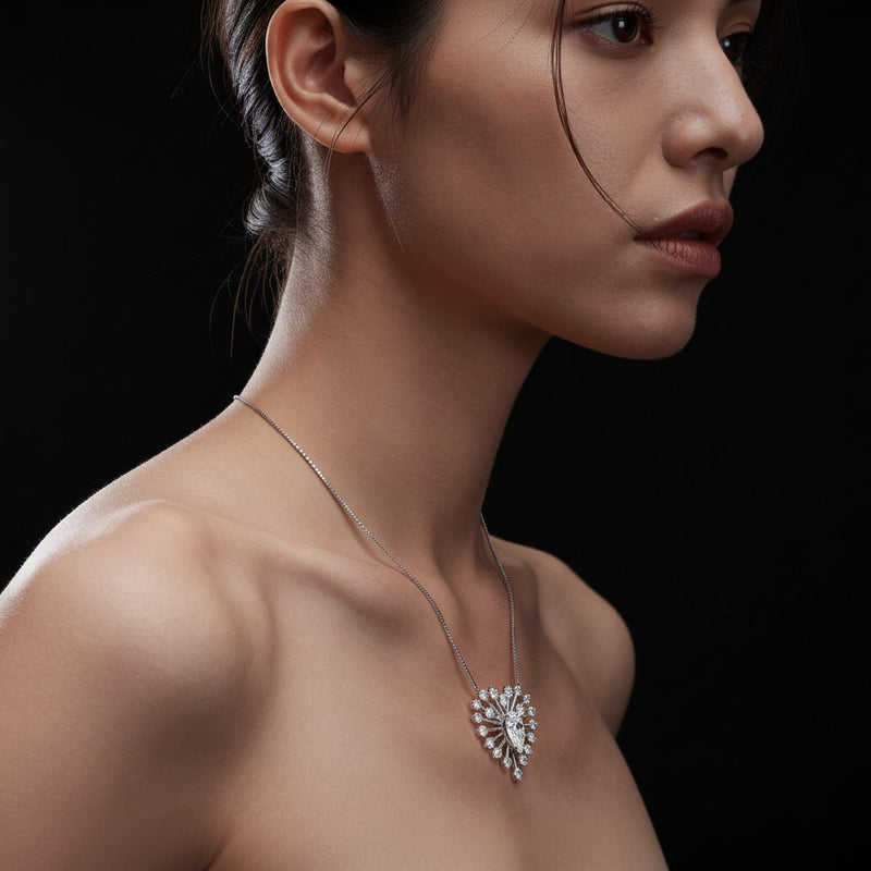 Model wearing pear astralis necklace