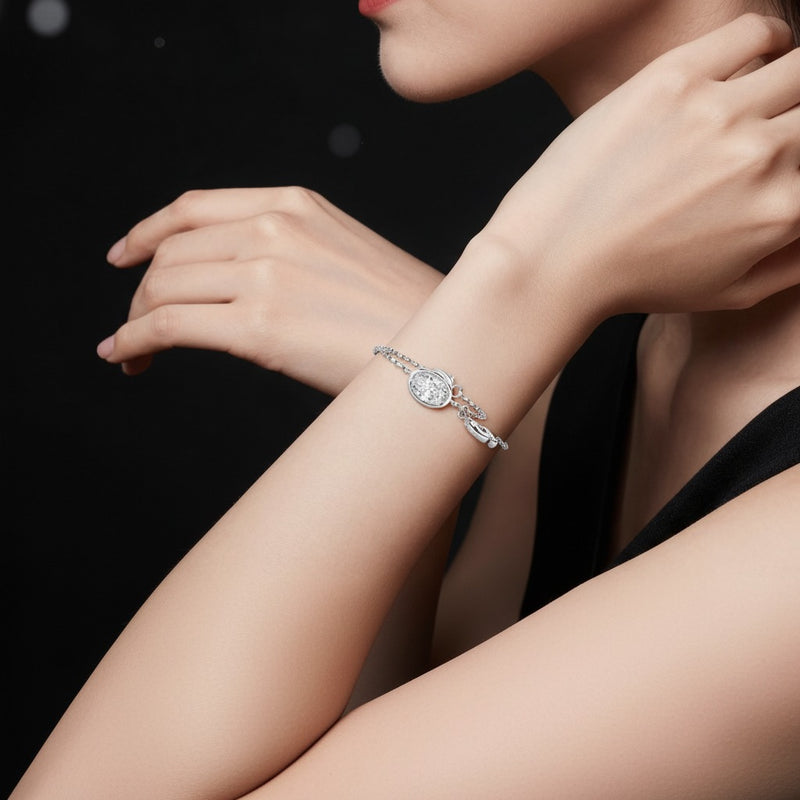 Model wearing oval bolo bracelet