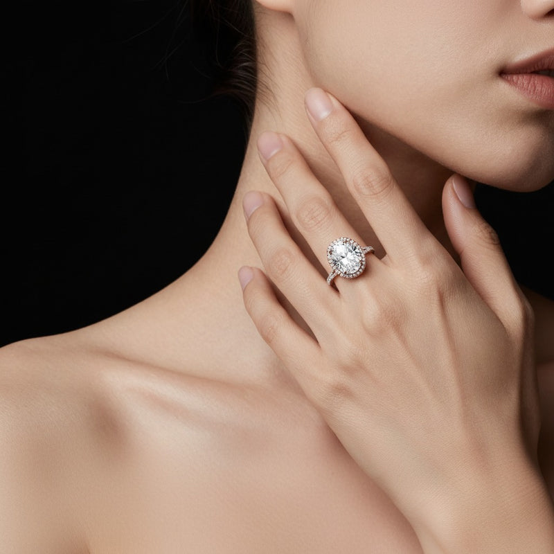 Model wearing oval bold accented statement engagement ring