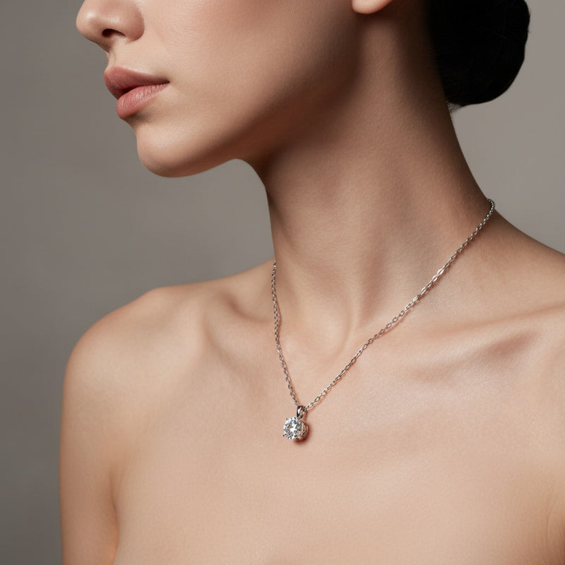 Model wearing round strata chic collection necklace