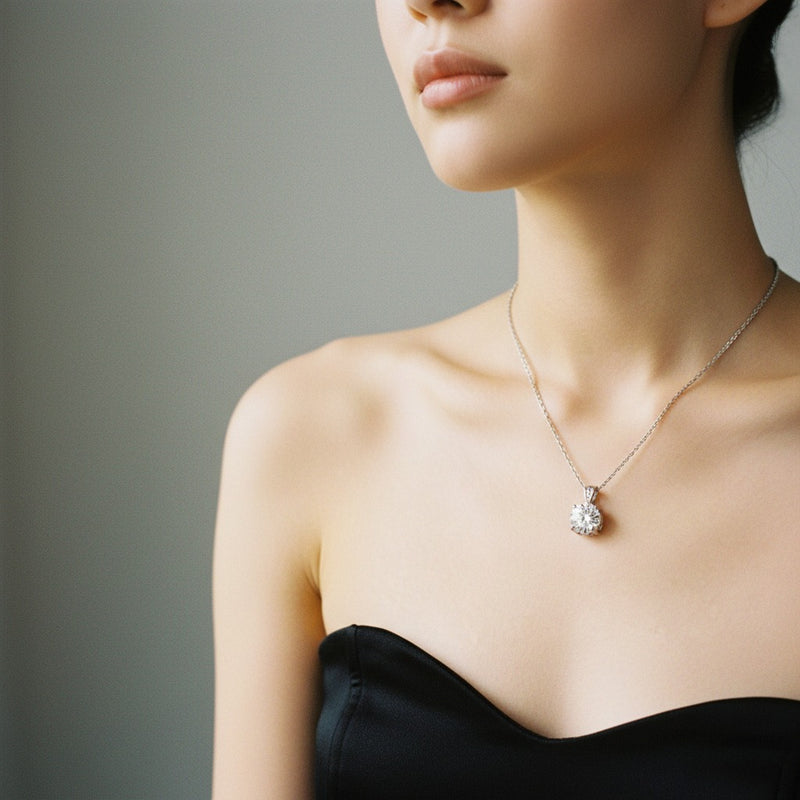 Model wearing round strata chic collection necklace