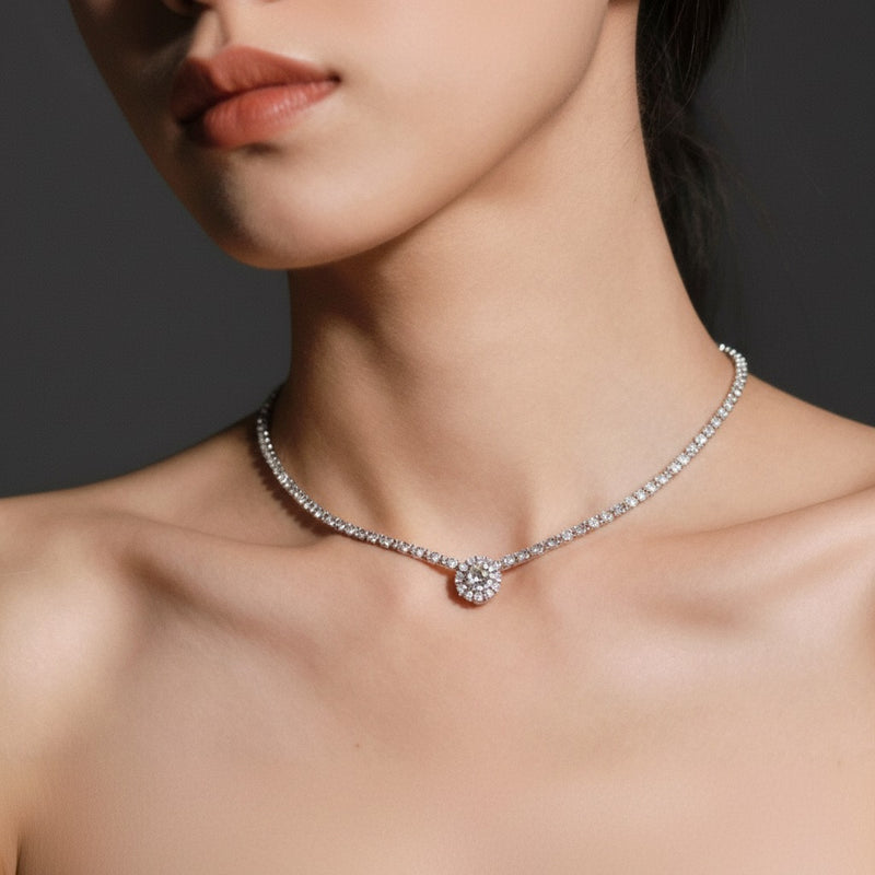 Model wearing round strata chic collection necklace
