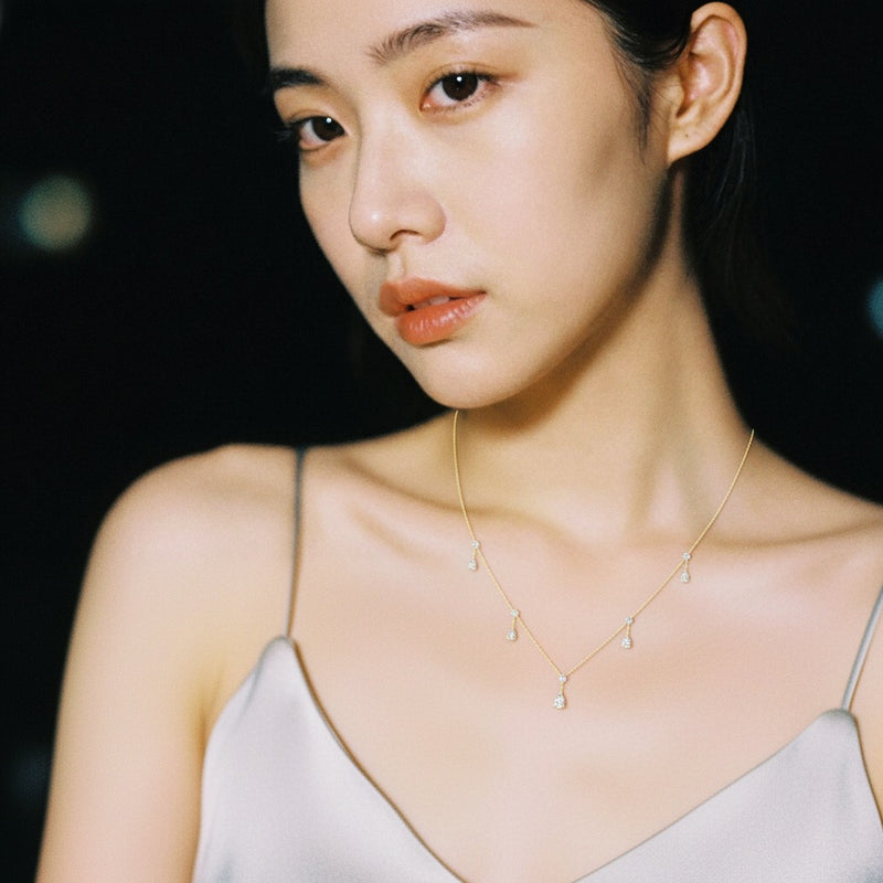 Model wearing pear solitaire necklace