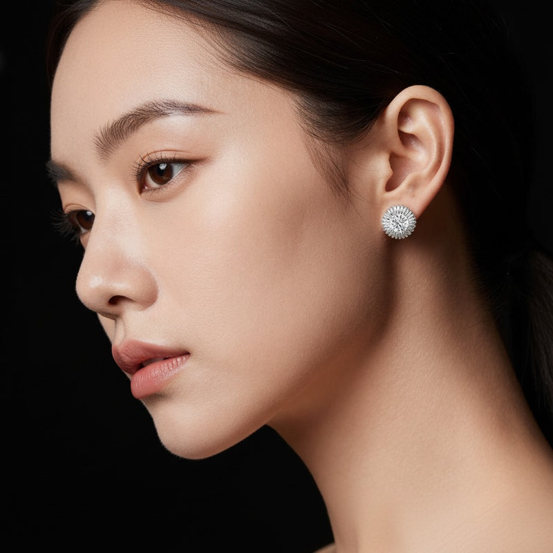 Model wearing round vintage inspired stud earrings