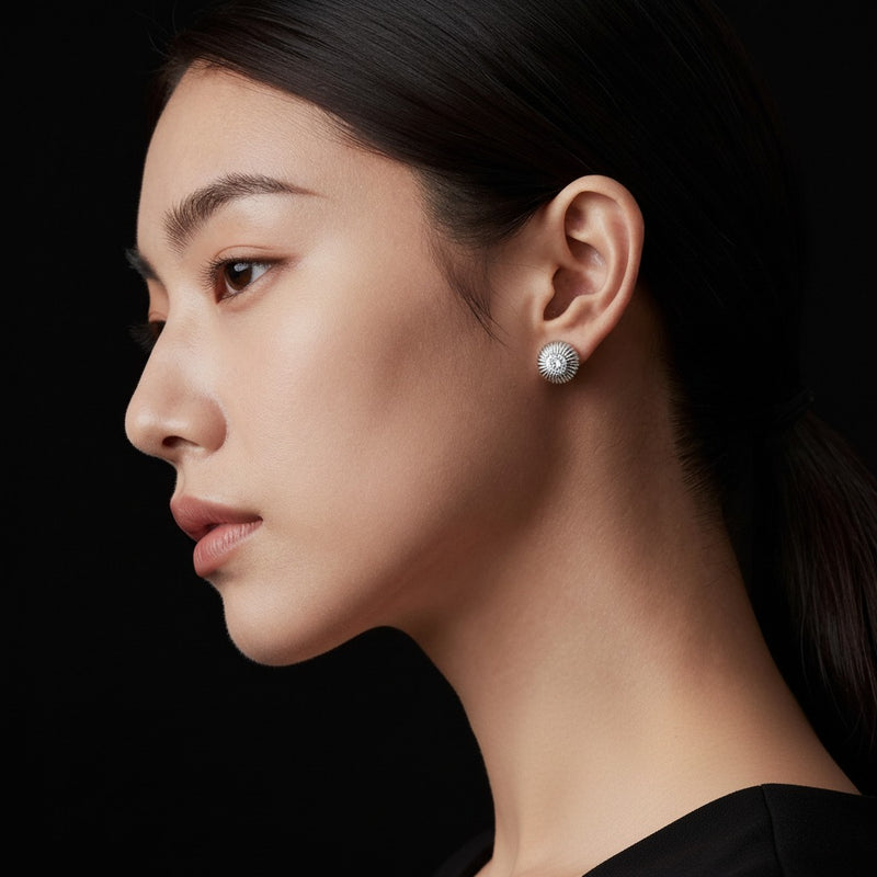 Model wearing round lab grown diamond f vvs vintage inspired stud earrings
