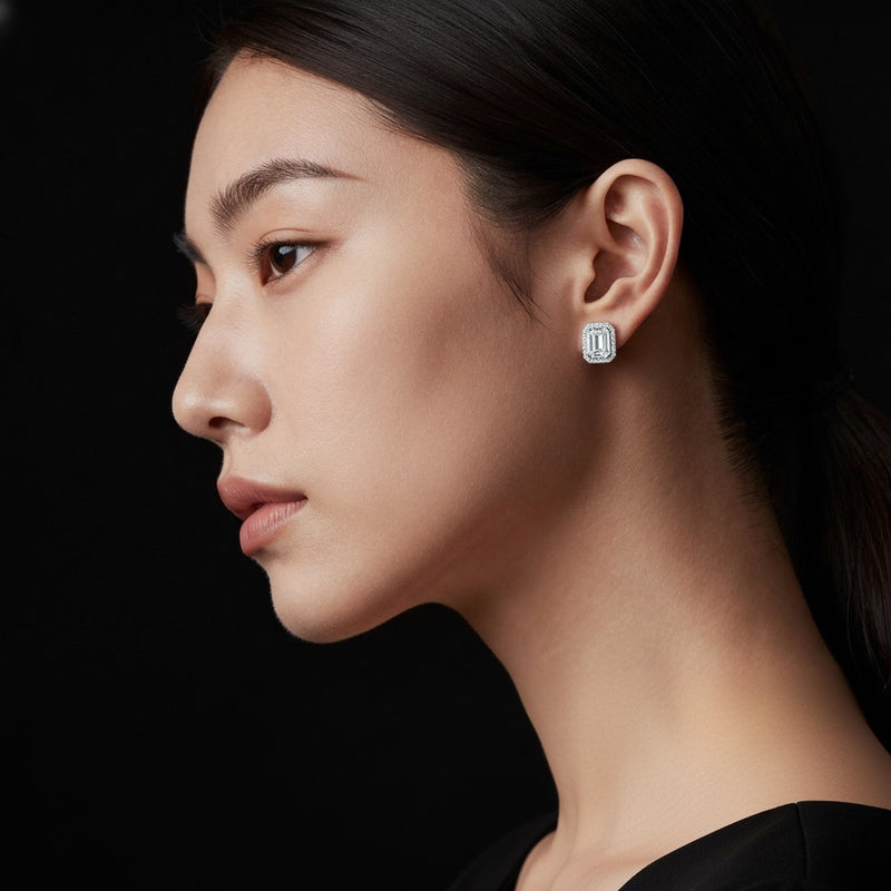 Model wearing emerald sud earrings
