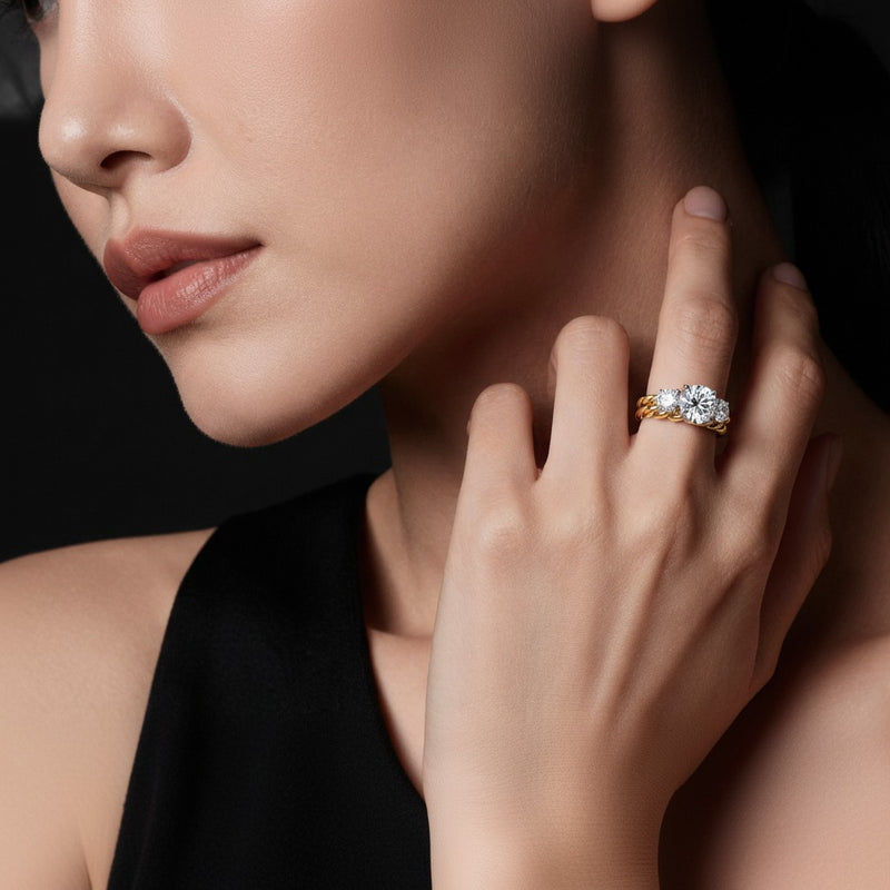 Model wearing round five stone ring