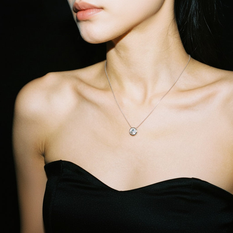 Model wearing round solitaire pendant