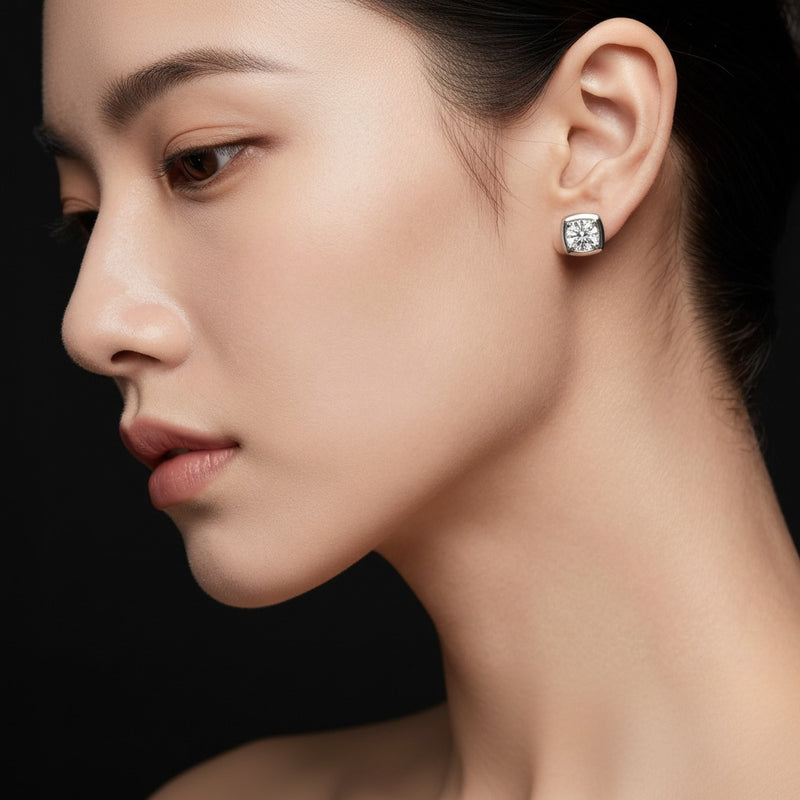 Model wearing round stud earrings