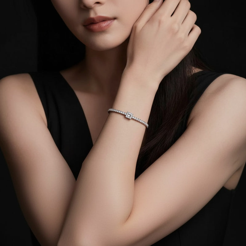 Model wearing round station bracelet