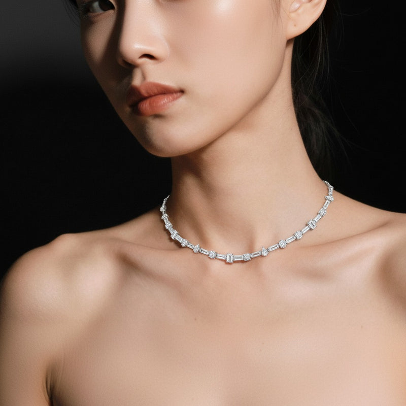 Model wearing round station necklace