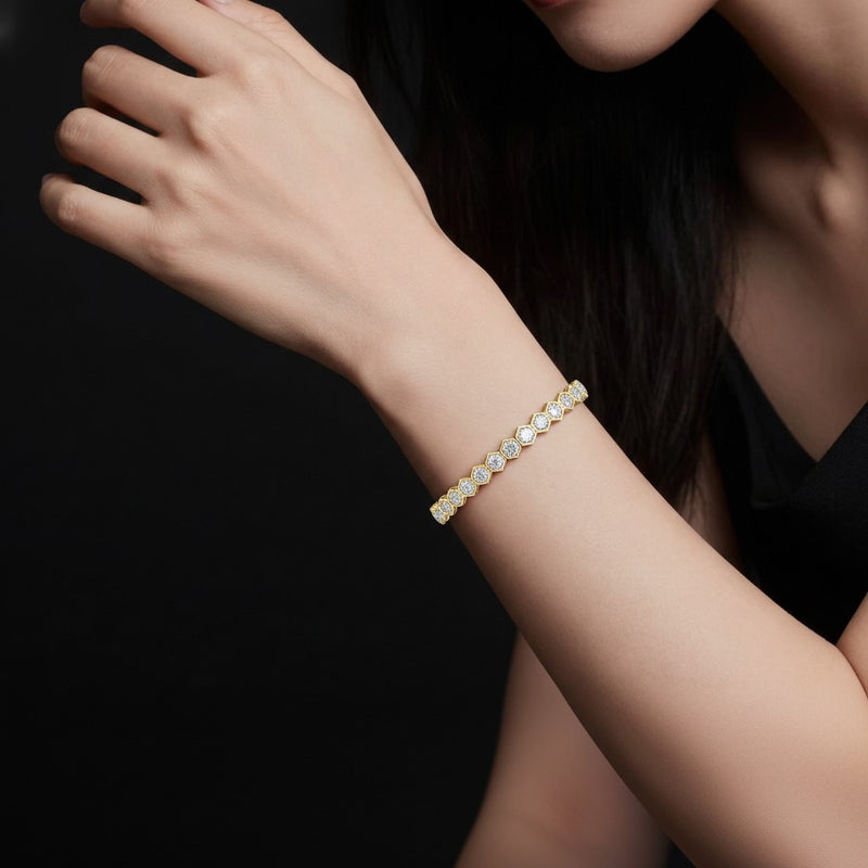 Model wearing round bracelet