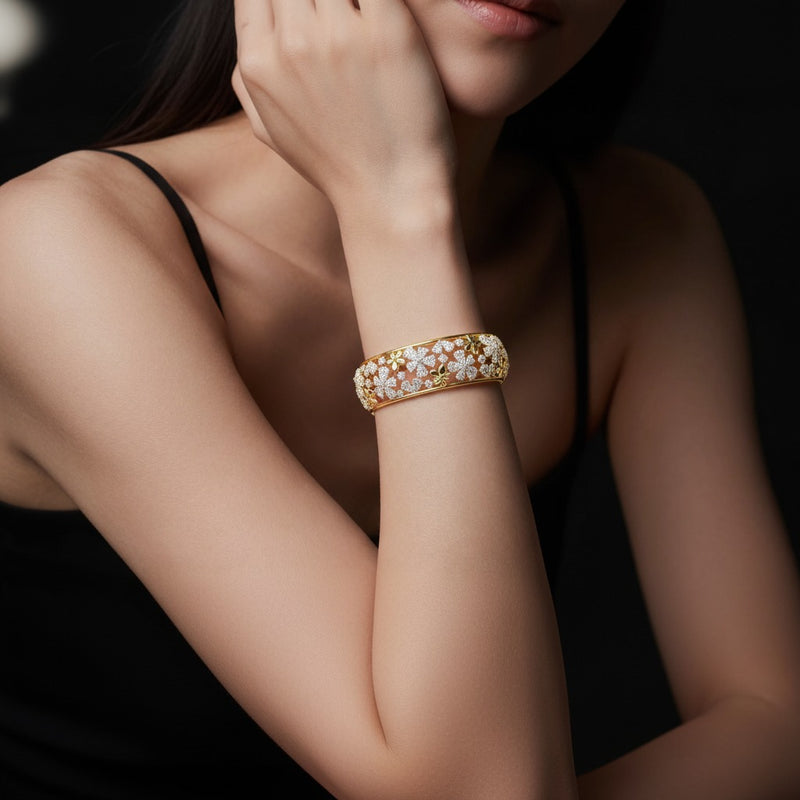 Model wearing mix fancy flower bracelet