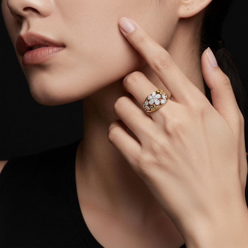 Model wearing pear fancy flower ring