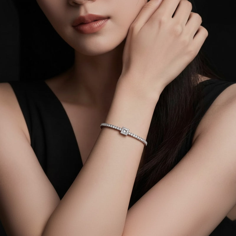 Model wearing round lab grown diamond tennis bracelet