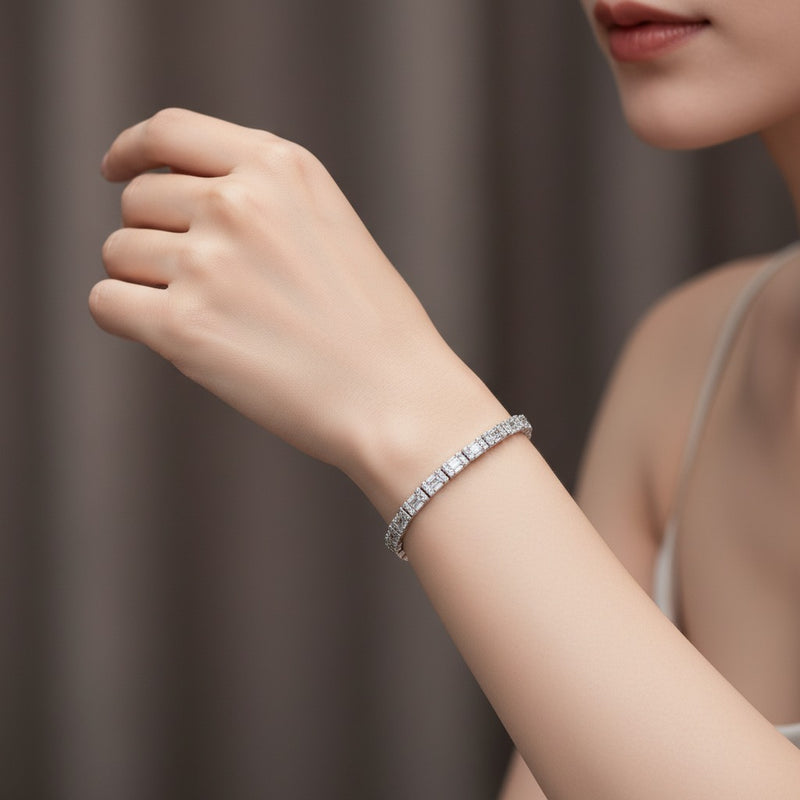 Model wearing radiant east west bezel set bracelet