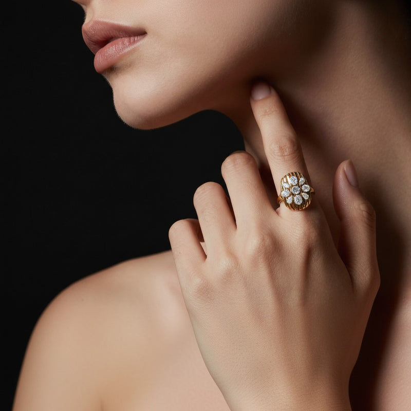Model wearing round fashion ring