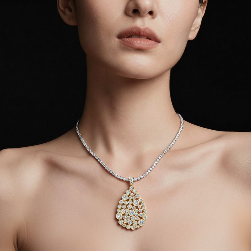Model wearing round bezel set bubble pendant