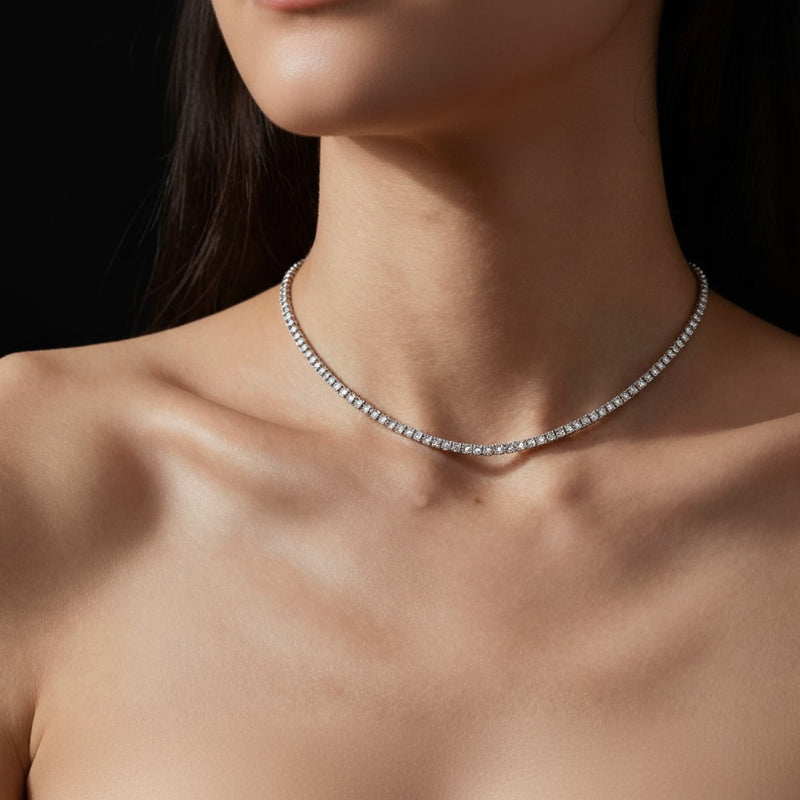 Model wearing emerald lab grown diamond tennis necklace