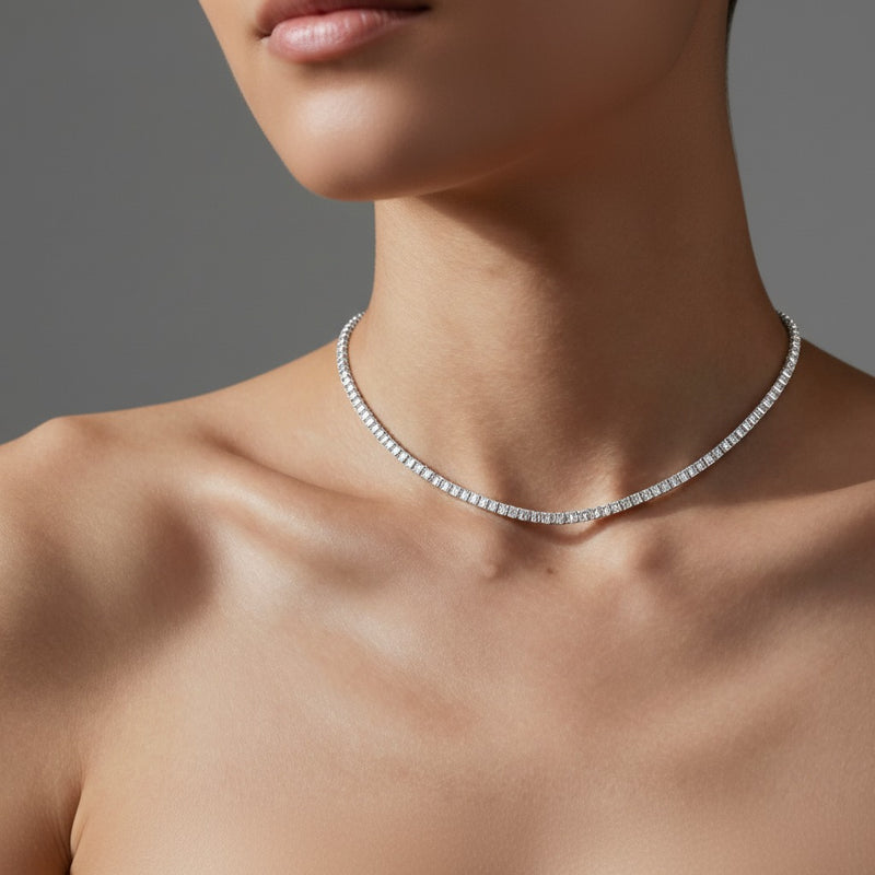Model wearing emerald lab grown diamond tennis necklace