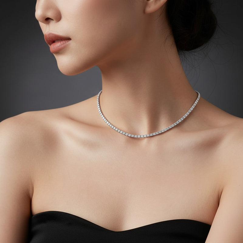 Model wearing oval lab grown diamond tennis necklace