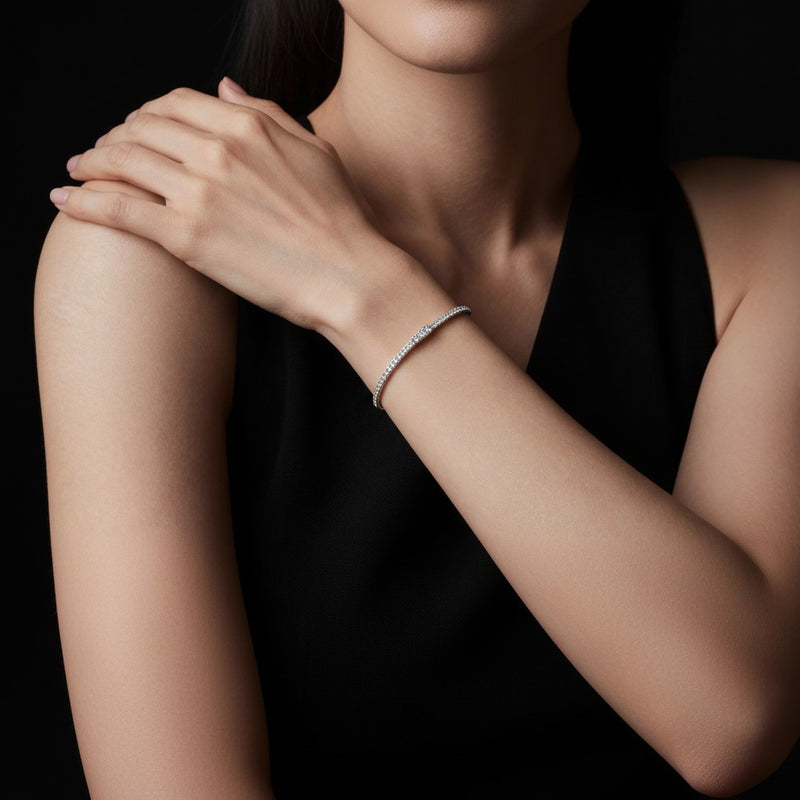 Model wearing oval east west line bracelet