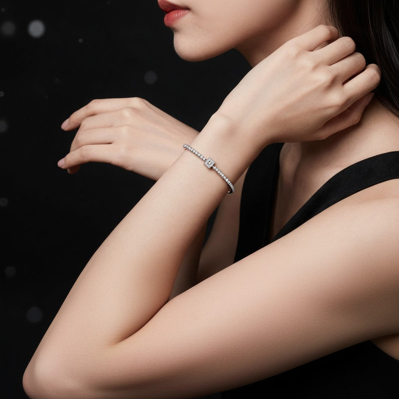 Model wearing oval east west line bracelet