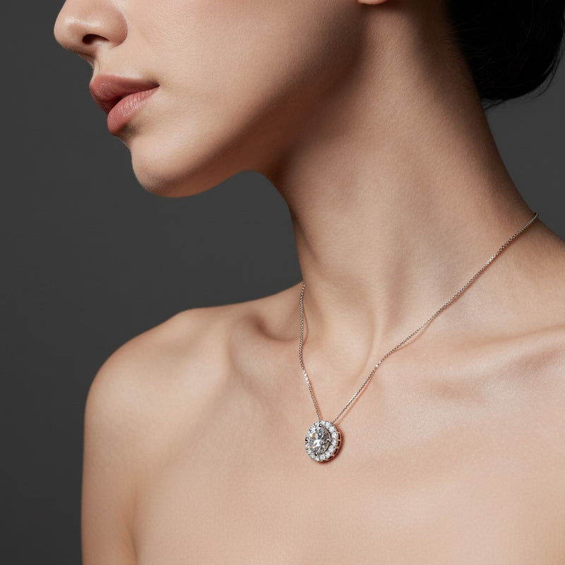 Model wearing round pendant