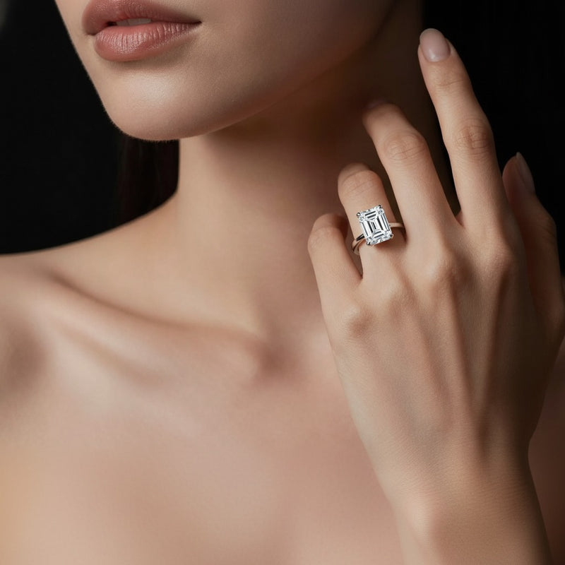 Model wearing radiant lab grown diamond classic solitaire ring