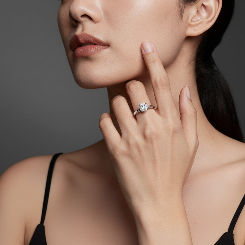 Model wearing round lab grown diamond classic solitaire ring