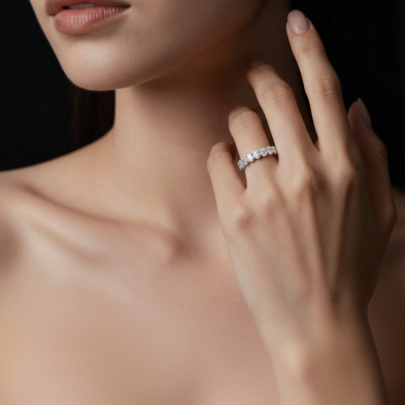 Model wearing oval lab grown diamond split prong eternity ring