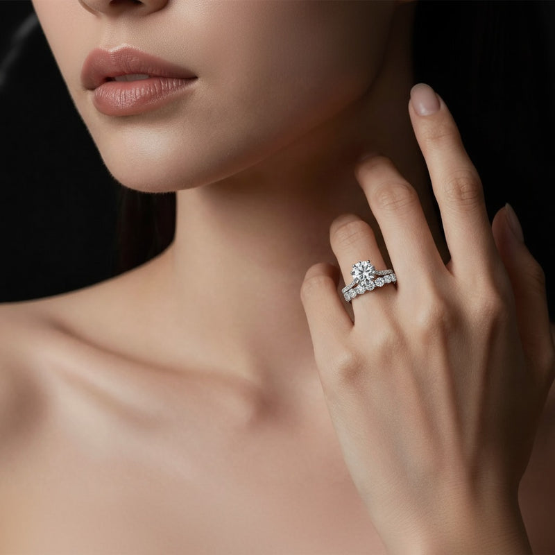 Model wearing round lab grown diamond split prong eternity ring