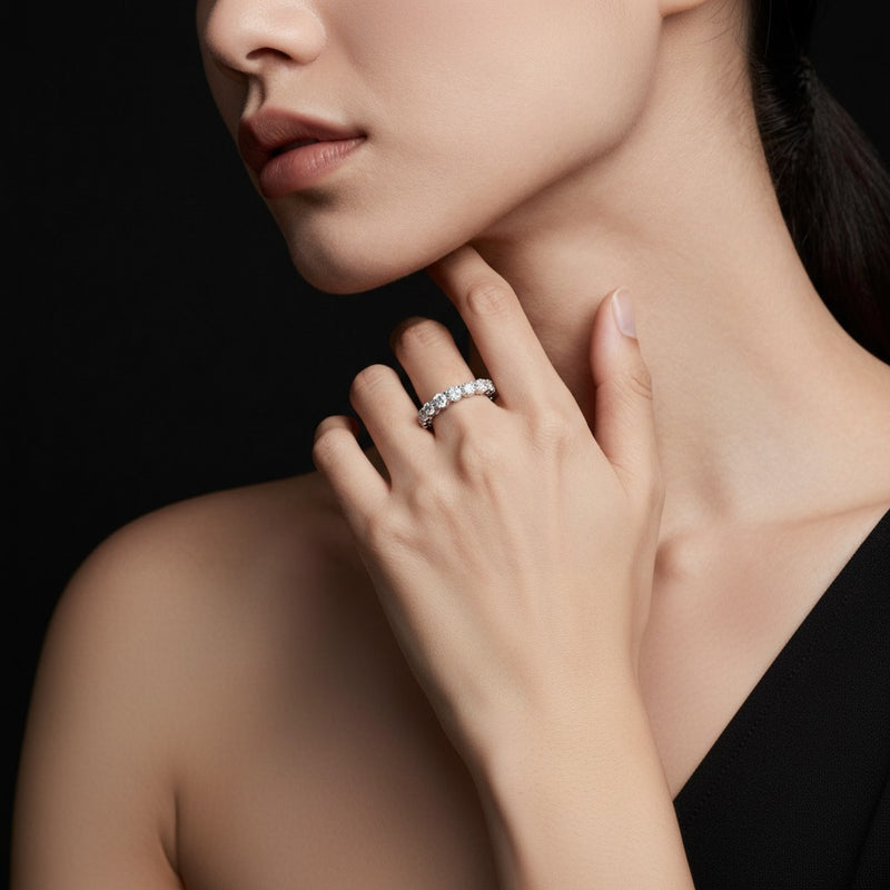 Model wearing round lab grown diamond split prong eternity ring