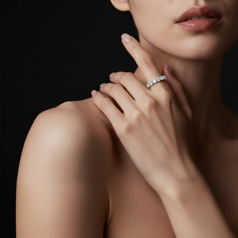 Model wearing round lab grown diamond split prong eternity ring