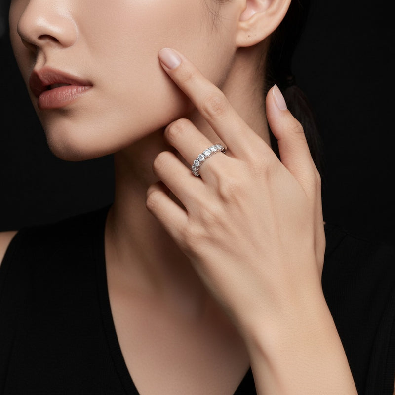 Model wearing round lab grown diamond split prong eternity ring