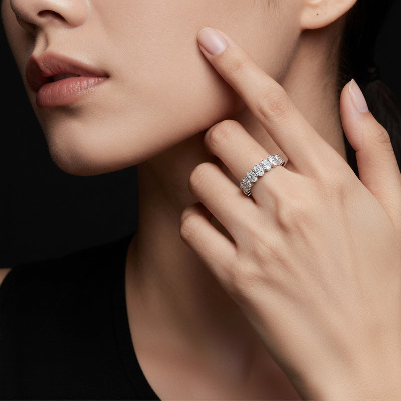 Model wearing oval lab grown diamond split prong eternity ring
