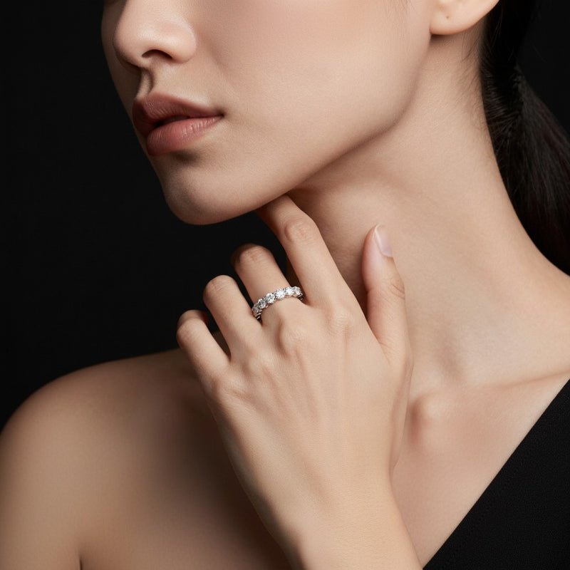 Model wearing round lab grown diamond split prong eternity ring