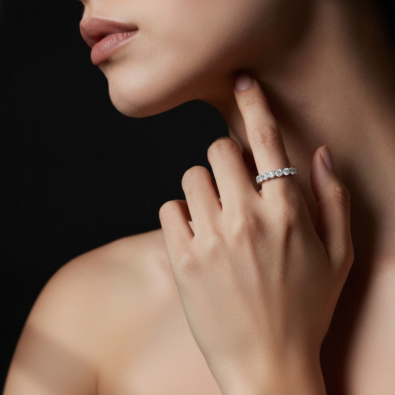 Model wearing round lab grown diamond split prong eternity ring