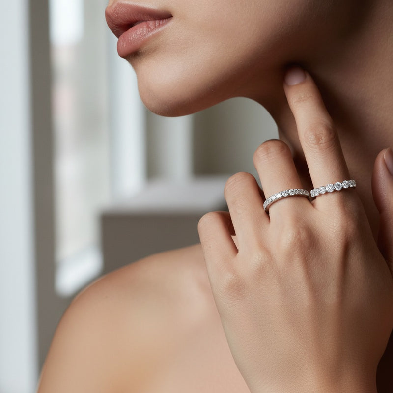Model wearing round lab grown diamond split prong eternity ring