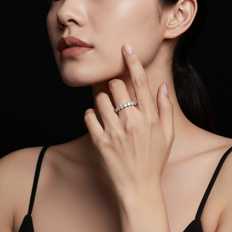 Model wearing round lab grown diamond split prong eternity ring
