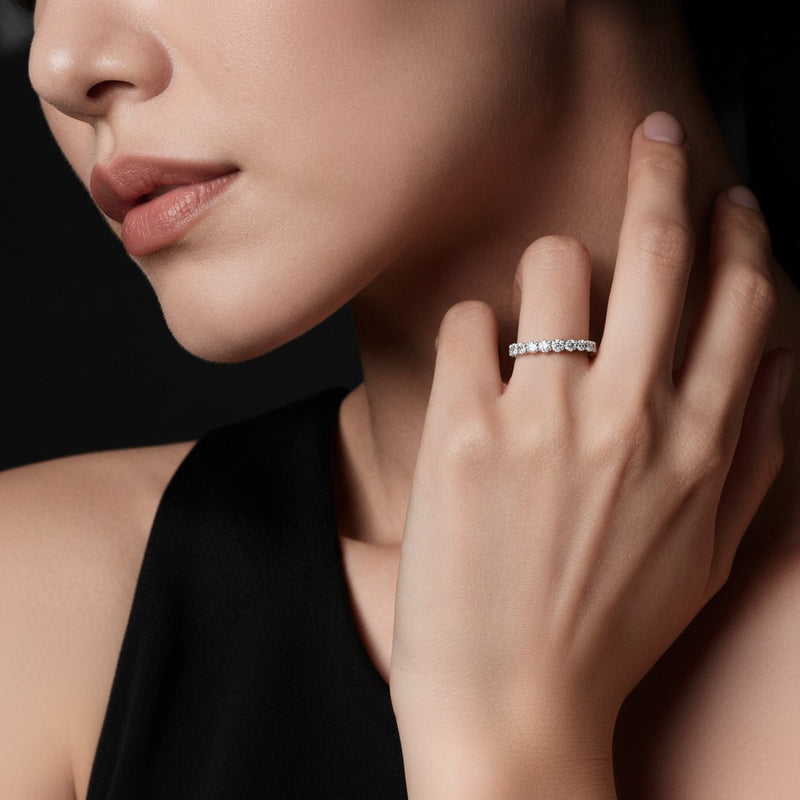 Model wearing round lab grown diamond split prong eternity ring